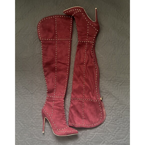 MACKIN J 181-1 Maroon Faux Suede Thigh High Pointy Toe Studded Stiletto Boot SZ8 - Picture 2 of 12